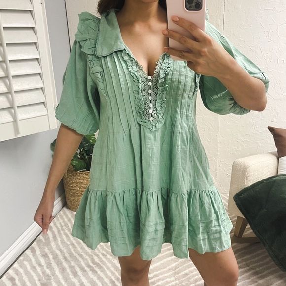 Free People Elora Mini Dress Mermaids Tail Puff Sleeve Lace Boho Peasant Size XS - Picture 2 of 16